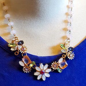 Gold Floral Statement Necklace with White and Multicolor Stones